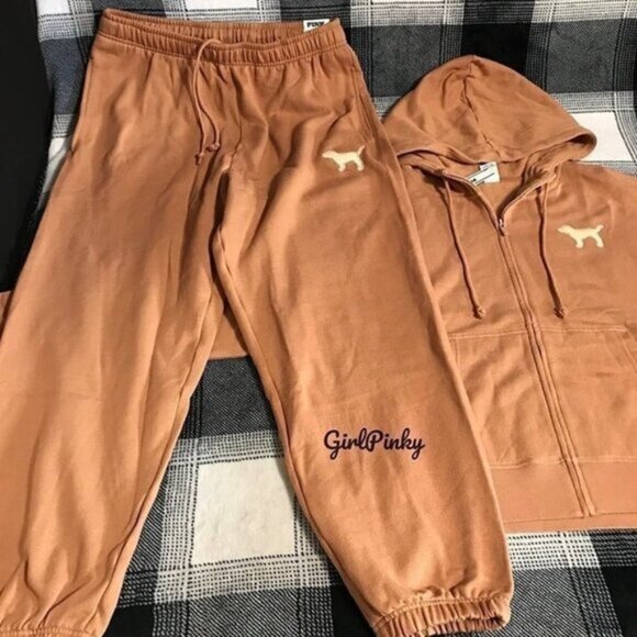 vs PINK sweatpants OUTFIT IN TOFFEE W/FULL ZIP HOODIE & EMBROIDERED DOG LARGE - Picture 9 of 10